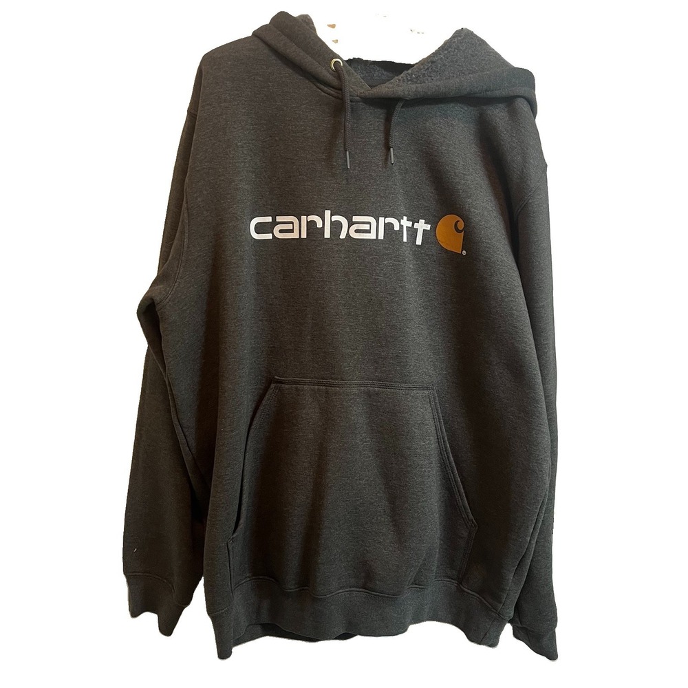 Carhartt Pullover Hoodie Dark Gray White Lettering Orange Logo Men's L Loose Fit